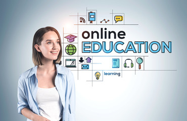 Smiling young woman, online education icons