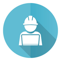 Engineer with laptop blue round flat design vector icon isolated on white background, worker, manager illustration in eps 10