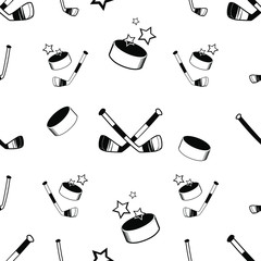 Black and white hockey stick, hockey puck and stars. Blue background.Vector illustration for print, icon, composition element, banner, poster, poster, etc.