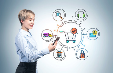 Asian woman with phone, online shopping cart