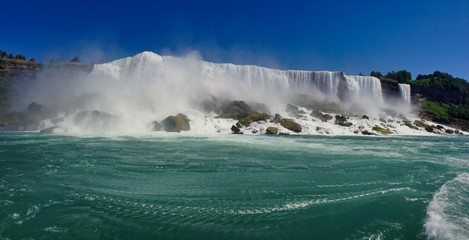 A panoramic picture of Niagara falls in America with turquoise river and blue sky