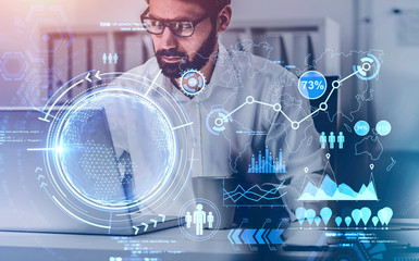 Bearded man with laptop, online business icons