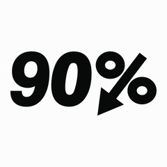 The 90 percent drop icon is dark.  Price drop. Interest rate reduction. Sell-out. Stock symbol. Discount. Markdown of goods. Bonus discount. Vector icon.