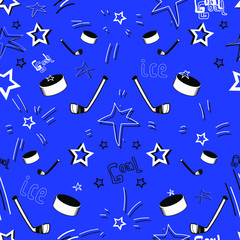 Seamless pattern on a blue background. Vector elements of a hockey stick, hockey puck and stars. Use for print, fabric, wallpaper, background.