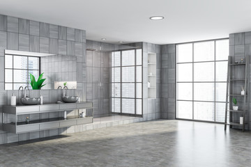 Gray wooden bathroom corner with shower and sink