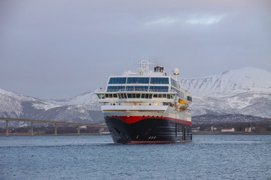 The coast passenger ships arrive at the port of Sortland in the county of Nordland