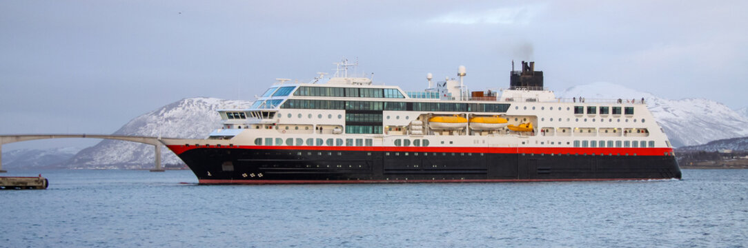 The coast passenger ships arrive at the port of Sortland in the county of Nordland