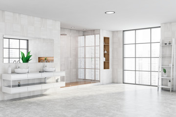 White wooden bathroom corner with shower and sink