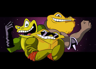 team of cool frogs. Vector cartoon illustration.