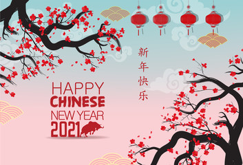 Happy new year 2021. Chinese new year, year of the ox(Chinese translation : Happy chinese new year 2021, year of ox)