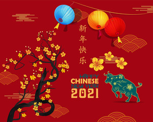 Happy new year 2021. Chinese new year, year of the ox(Chinese translation : Happy chinese new year 2021, year of ox)