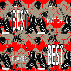 Seamless hockey pattern on a background with red maple leaves. Vector isolated hockey goalkeepers