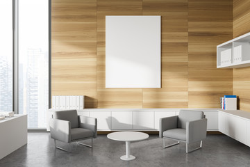 Wooden office waiting room with poster