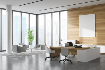 White and wood CEO office corner lounge and poster - obrazy, fototapety, plakaty