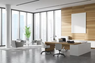 Foto op Plexiglas White and wood CEO office corner lounge and poster © ImageFlow