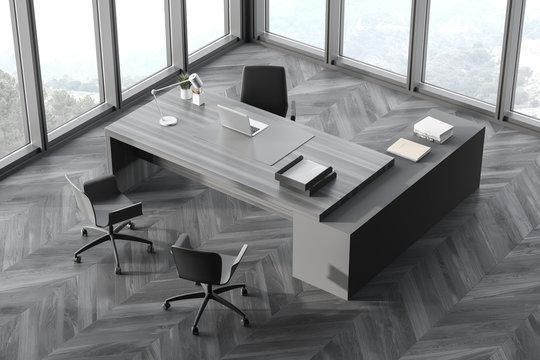 Gray Wood Table In Panoramic CEO Office, Top View