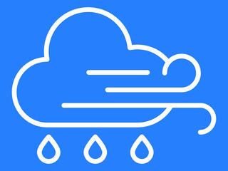 White Simple on Blue Background Flat Weather Forecast Icon for Wind with Rain