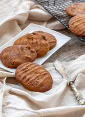 Closeup of home made sultana cookies.  Sultana cookies are a favourite in New Zealand.