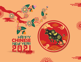 Happy new year 2021. Chinese new year, year of the ox (Chinese translation : Happy chinese new year)