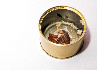 Women's hands open a tin of tuna.