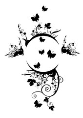 vignette in black color from plants and butterflies for lecture, isolated object on a white background, vector illustration,