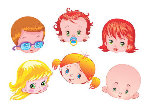 set of faces of children boys and girls, isolated object on a white background, vector illustration,