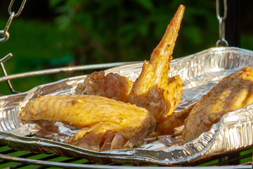 Fried chicken wings in grill. Barbecue chicken wings grilling fire, wing.