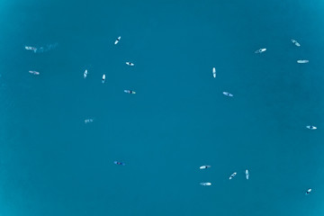 a lot of surfers in the blue ocean. Drone shot