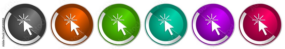Poster click here icon set, silver metallic chrome border vector web buttons in 6 colors options for webdes