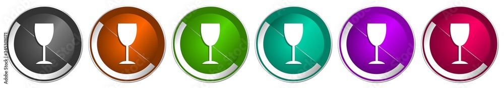 Poster alcohol icon set, silver metallic chrome border vector web buttons in 6 colors options for webdesign