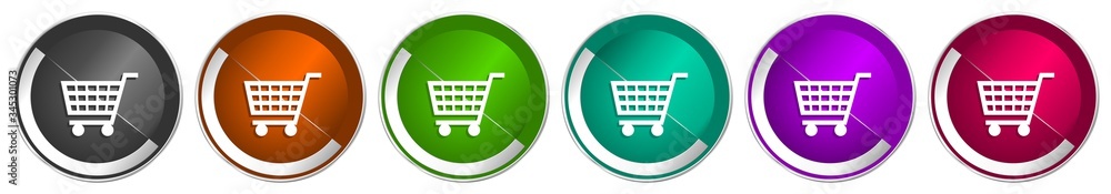 Poster Shopping cart icon set, shop, trolley silver metallic chrome border vector web buttons in 6 colors options for webdesign