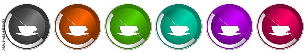 Fototapete Cofeee icon set, silver metallic chrome border vector web buttons in 6 colors options for webdesign