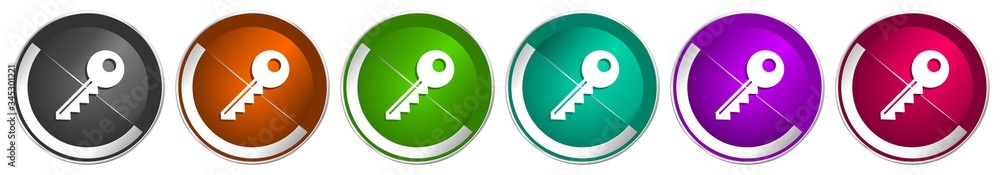 Poster Key icon set, silver metallic chrome border vector web buttons in 6 colors options for webdesign