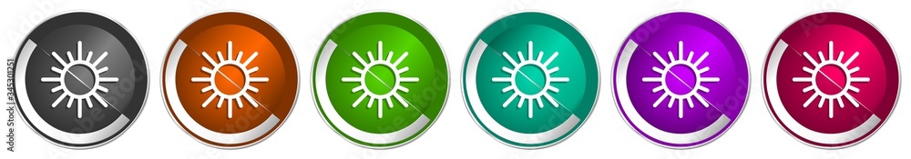 Poster Sun icon set, silver metallic chrome border vector web buttons in 6 colors options for webdesign