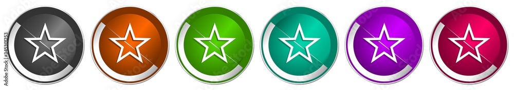 Poster Star icon set, silver metallic chrome border vector web buttons in 6 colors options for webdesign