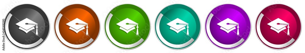 Aufkleber education icon set, silver metallic chrome border vector web buttons in 6 colors options for webdesi