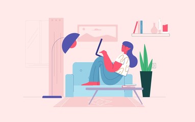 Cartoon smiling woman lying on couch use laptop at cosiness home. Female stay at home work remotely decrease infection risk for prevent virus covid-19. Quarantine and coronavirus epidemic