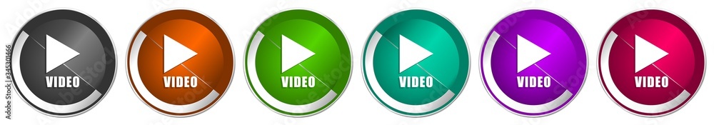 Poster Video icon set, silver metallic chrome border vector web buttons in 6 colors options for webdesign