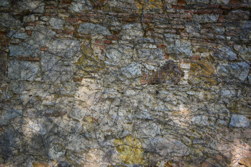 Wall made of various gray stones and plant roots, backgrounds and textures