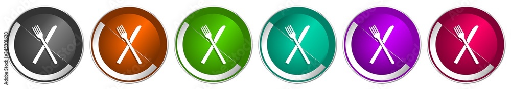 Poster Restaurant icon set, silver metallic chrome border vector web buttons in 6 colors options for webdesign