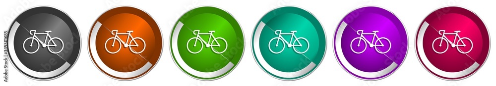 Poster Bicycle icon set, silver metallic chrome border vector web buttons in 6 colors options for webdesign