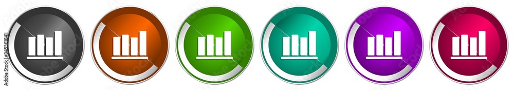 Poster bar chart icon set, silver metallic chrome border vector web buttons in 6 colors options for webdesi