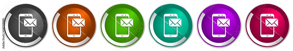 Leinwandbilder mail icon set, silver metallic chrome border vector web buttons in 6 colors options for webdesign