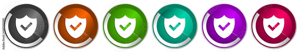 Poster Shield icon set, silver metallic chrome border vector web buttons in 6 colors options for webdesign