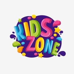 Cartoon colorful 3d logo kids zone isolated on white background. Bright bubble multicolored letters to children playroom or area decorating vector graphic illustration. Inscription of baby playground