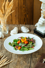 Side view on gourmet salmon and beef meat salad 