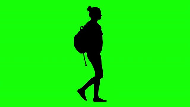 Girl Walking With a Backpack in a Hoodie Green Screen Silhouette