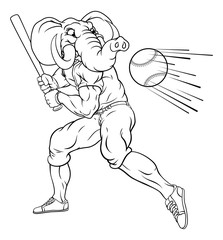 Fototapeta premium An Elephant baseball player cartoon animal mascot swinging a bat at a fast ball