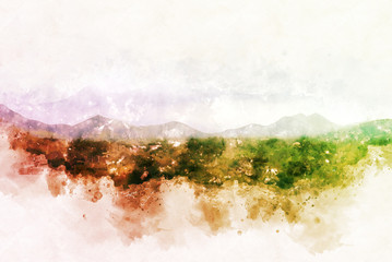 Abstract green colorful mountain range and river in Thailand on watercolor illustration painting background.
