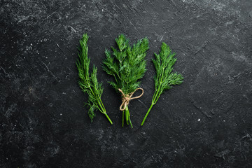 Fresh green dill on a black stone background. Top view. Free space for your text.